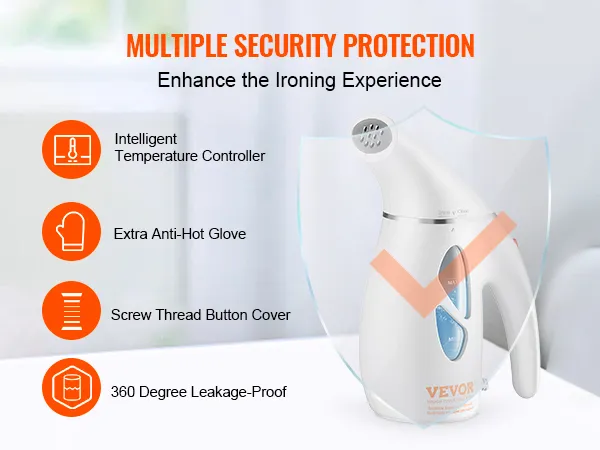 VEVOR handheld fabric steamer with multiple security protections: anti-hot glove, intelligent temperature control.