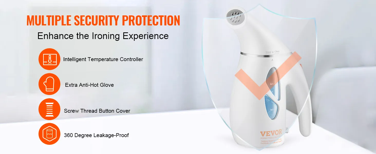 VEVOR handheld fabric steamer with multiple security protections: anti-hot glove, intelligent temperature control.