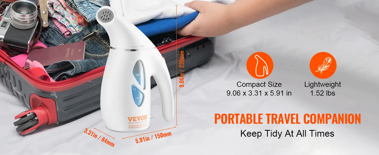 VEVOR handheld fabric steamer next to packed suitcase, showcasing compact size and lightweight design.