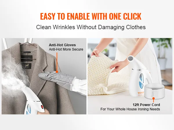 VEVOR handheld fabric steamer with 12ft power cord and anti-hot gloves for safe wrinkle removal.