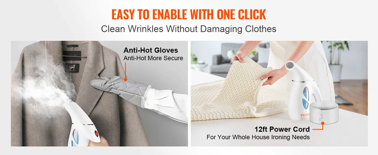 VEVOR handheld fabric steamer with 12ft power cord and anti-hot gloves for safe wrinkle removal.