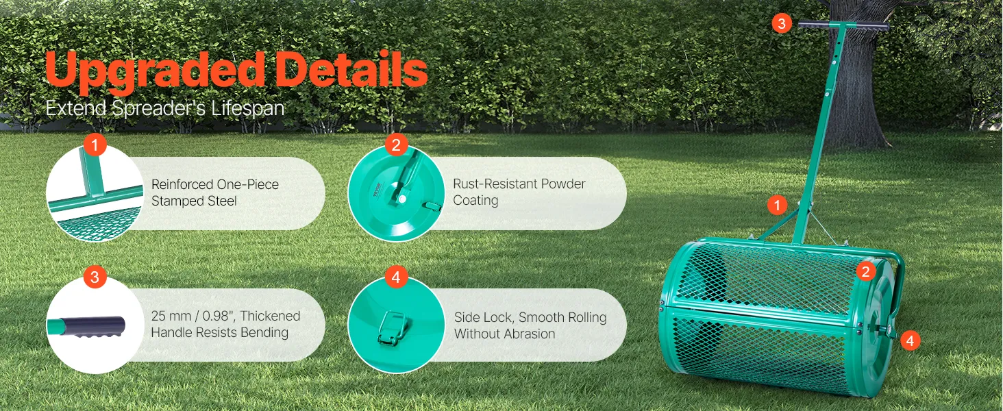VEVOR Compost Spreader 24 in Peat Moss Spreader Roller Push/Tow Handle for Yard