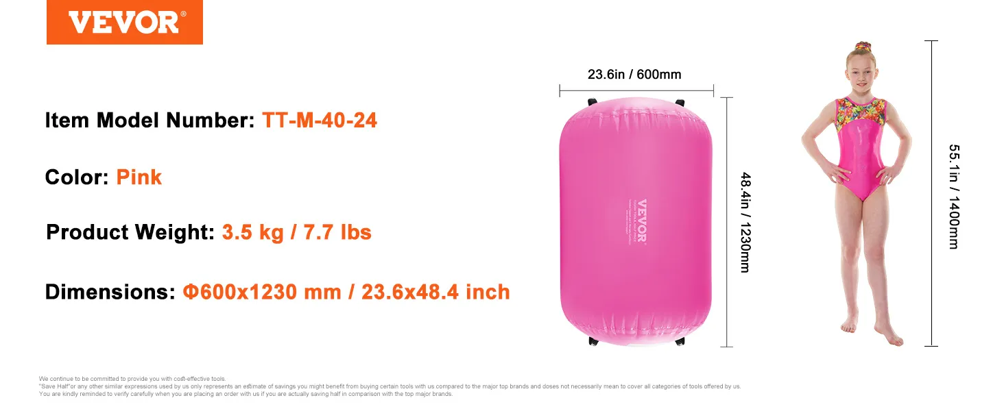 VEVOR air mat, pink, tt-m-40-24, 3.5 kg, φ600x1230 mm, 23.6x48.4 inch, for gymnastics.