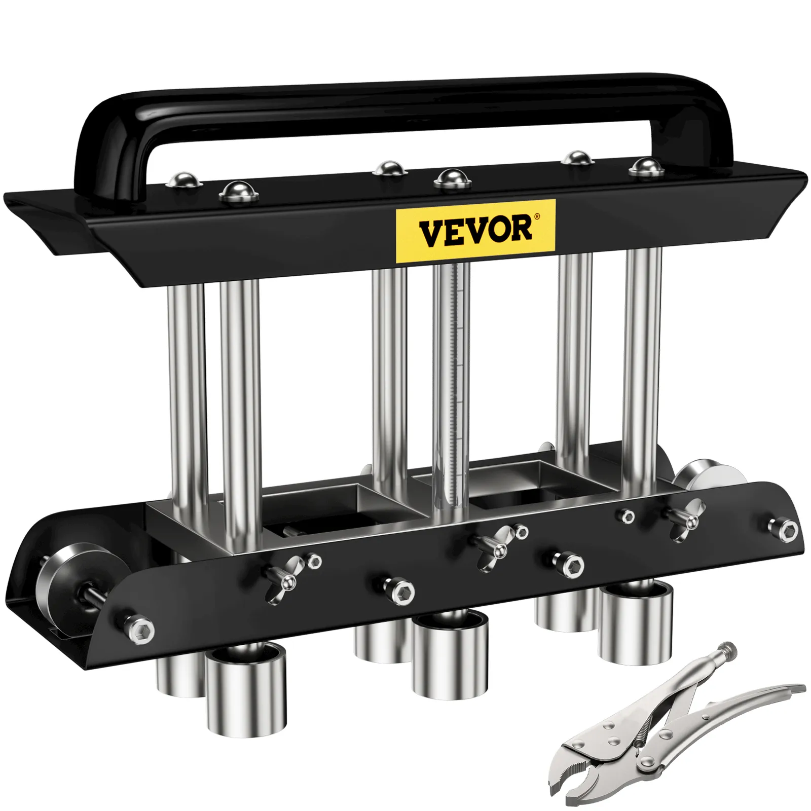 VEVOR three-station edge roller with black handle and stainless steel components, plus pliers.