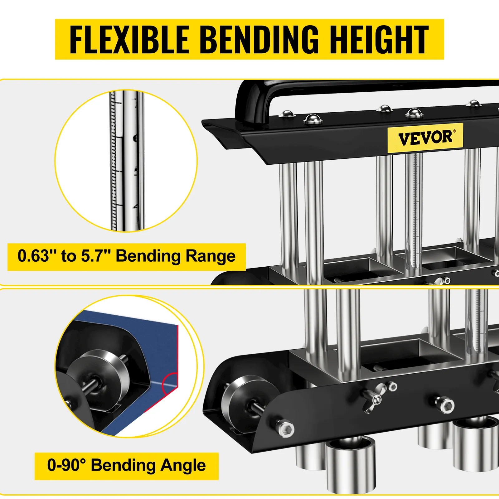 VEVOR three-station edge roller with 0.63" to 5.7" bending range and 0-90° bending angle.