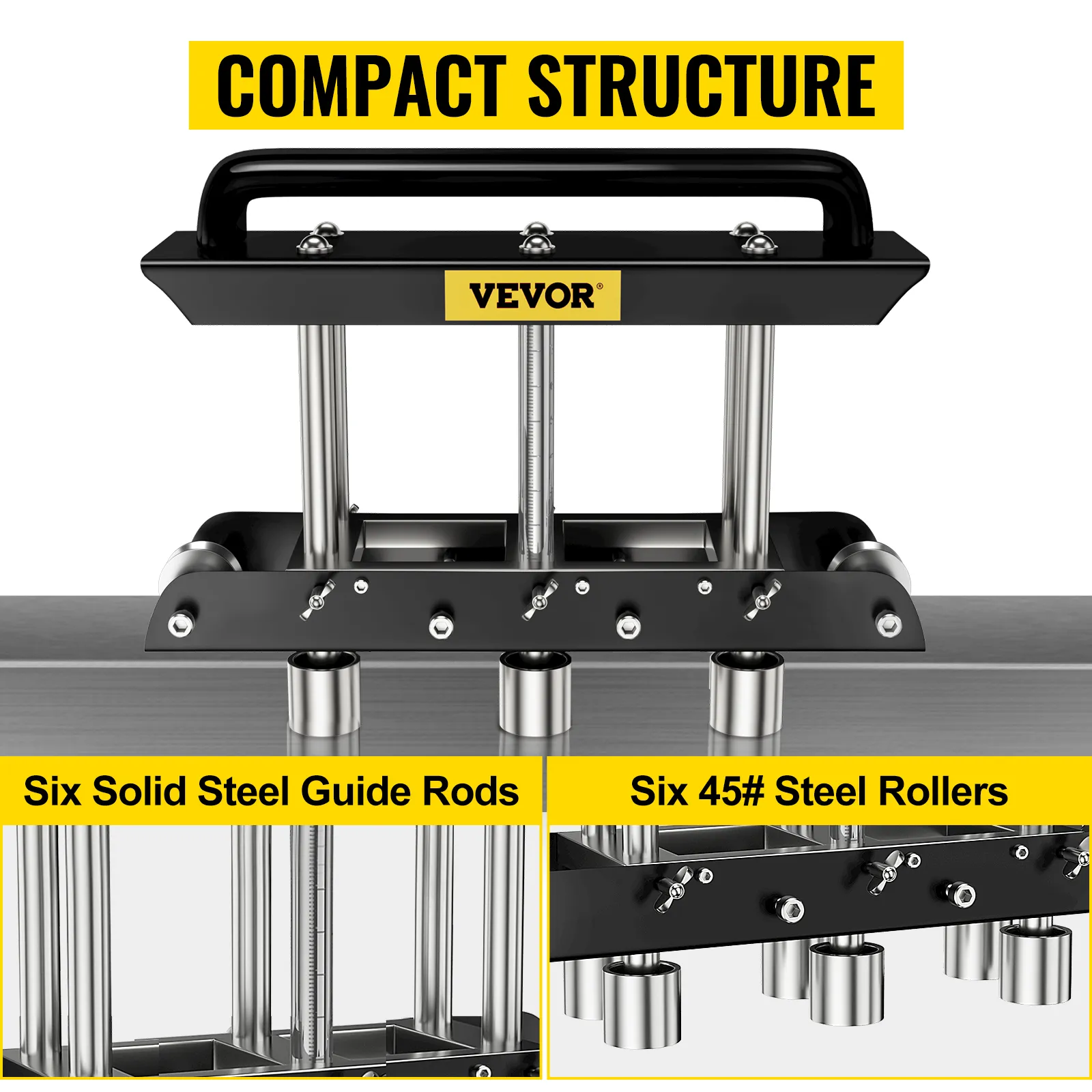 VEVOR three-station edge roller with compact structure, six solid steel guide rods, and six 45# steel rollers.