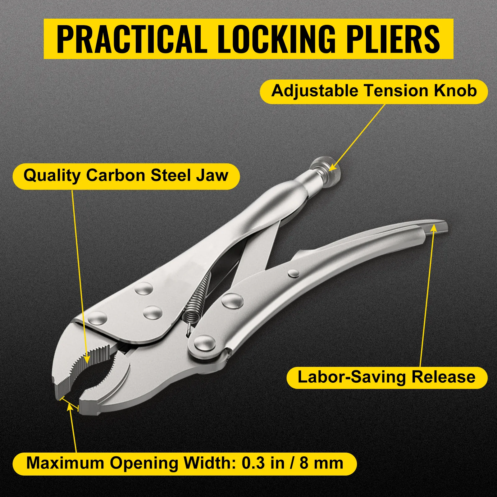 practical locking pliers with adjustable tension knob, quality carbon steel jaw, and labor-saving release.