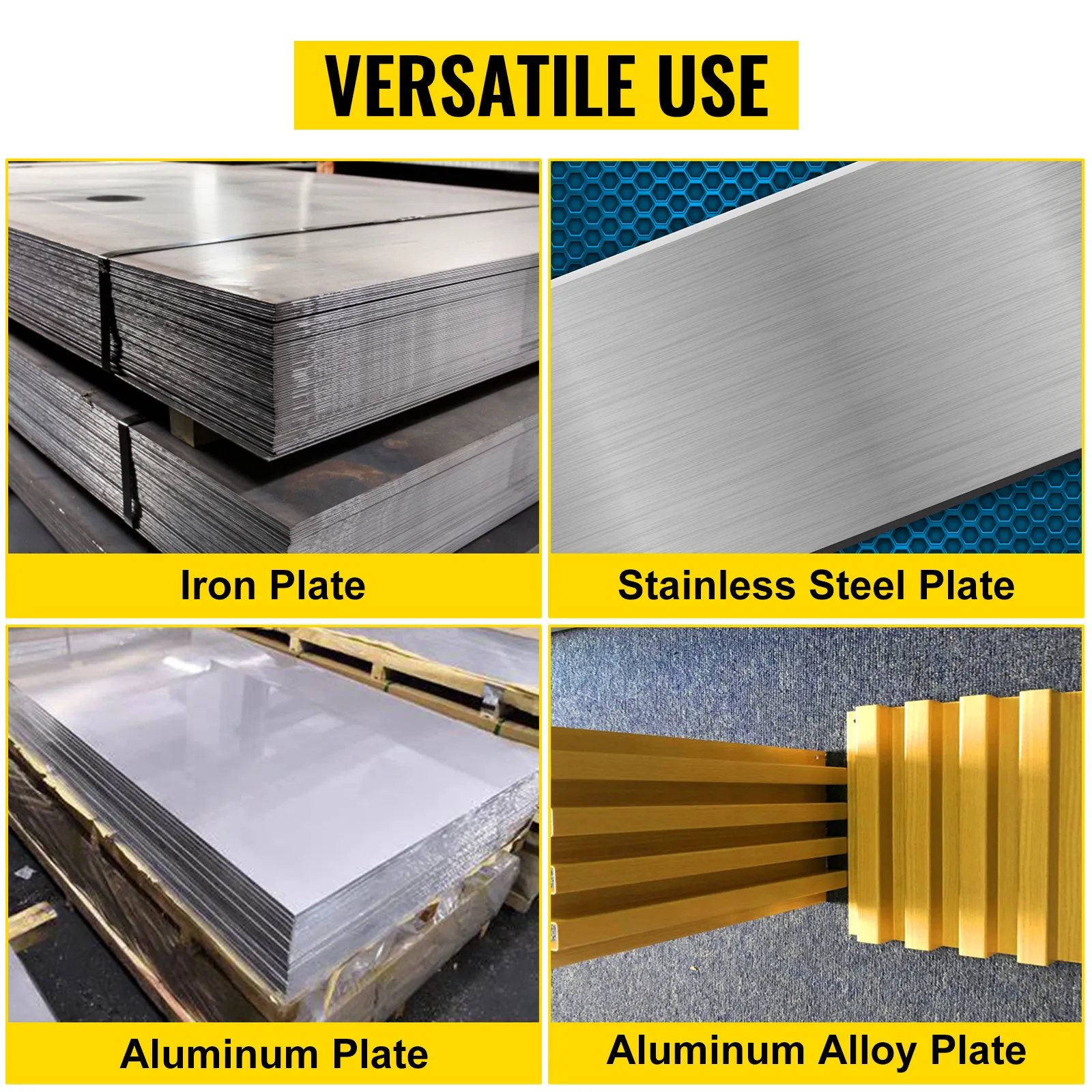 iron, stainless steel, aluminum, and aluminum alloy plates labeled for versatile use with VEVOR three-station edge roller.