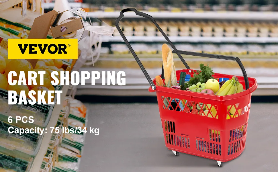 VEVOR guruló műanyag bevásárlókosár tele élelmiszerekkel egy szupermarket folyosóján.