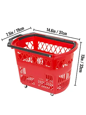 Piros VEVOR műanyag gurulós bevásárlókosár fogantyúval és kerekekkel, 14,6 x 7,5 x 13 hüvelyk.