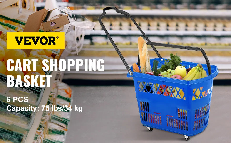 VEVOR shopping carts filled with groceries in a blue basket with black handles.