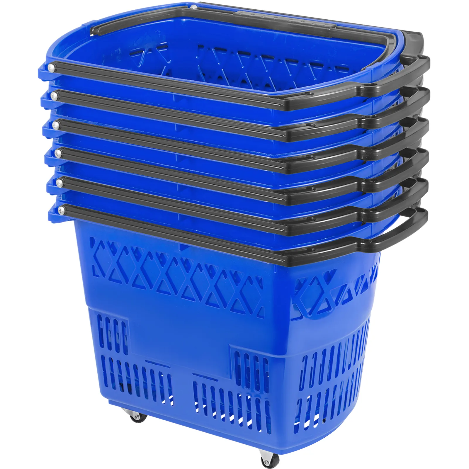 stacked blue VEVOR shopping carts with black handles and wheels.