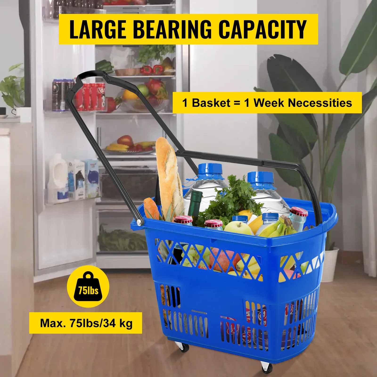 large blue VEVOR shopping cart holding groceries, max capacity 75lbs/34kg.