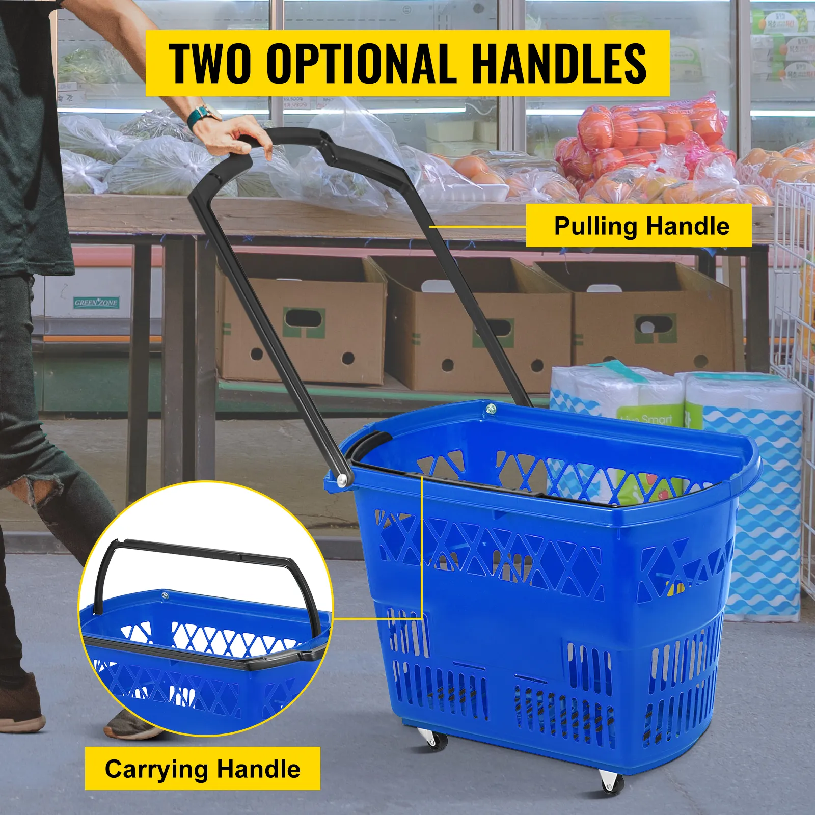VEVOR shopping carts with two handle options in a grocery store setting.