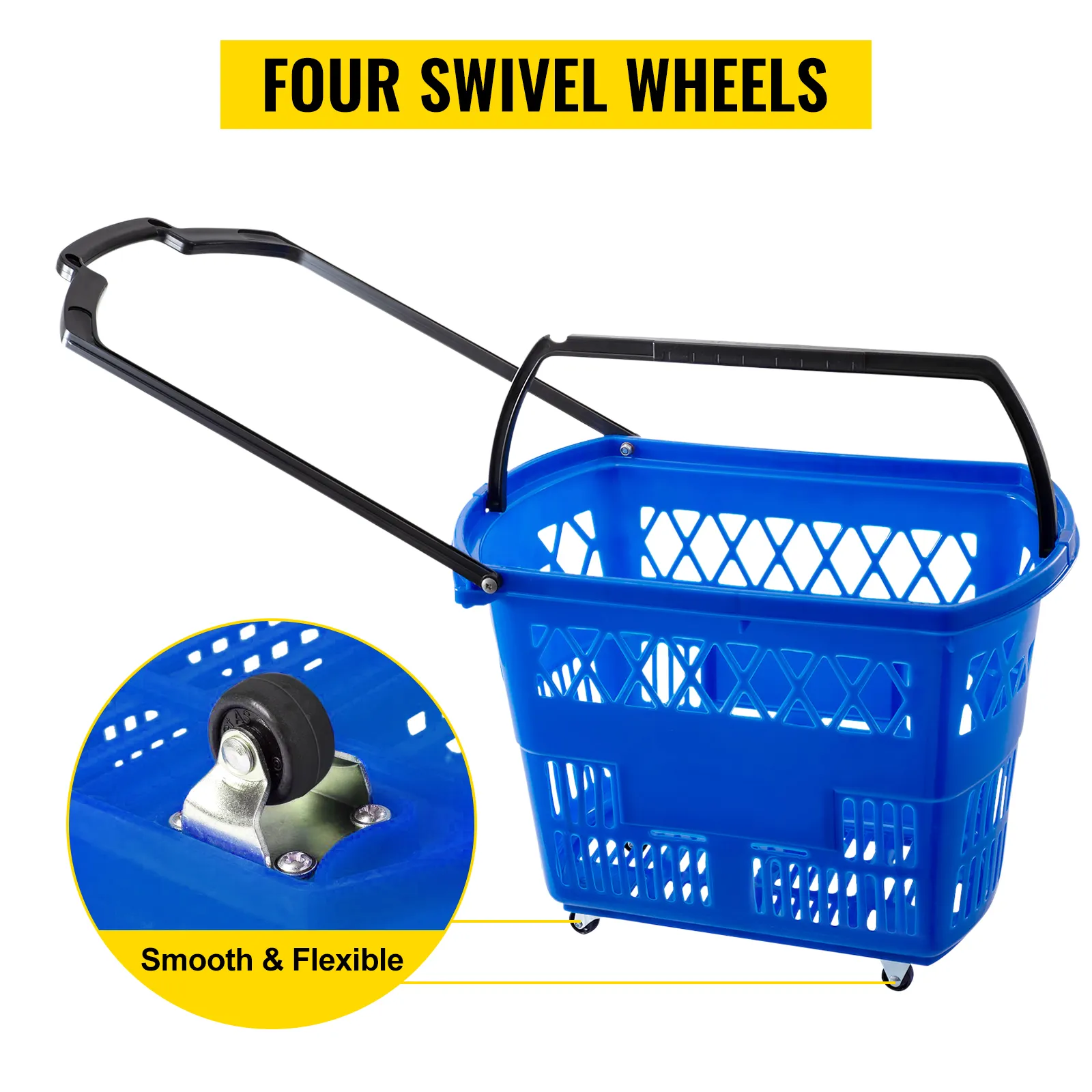 blue VEVOR shopping cart with four swivel wheels and a black handle.
