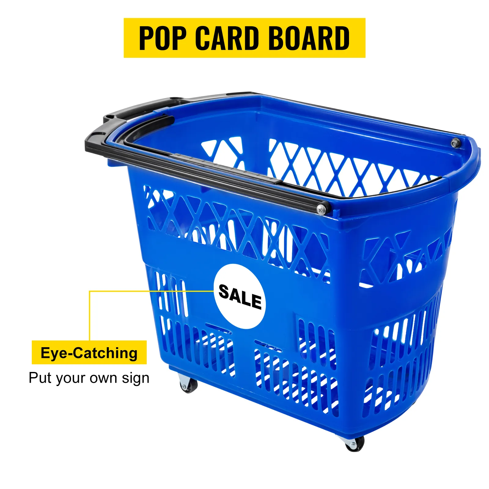 VEVOR shopping cart with blue design, pop card board, and sale sign.