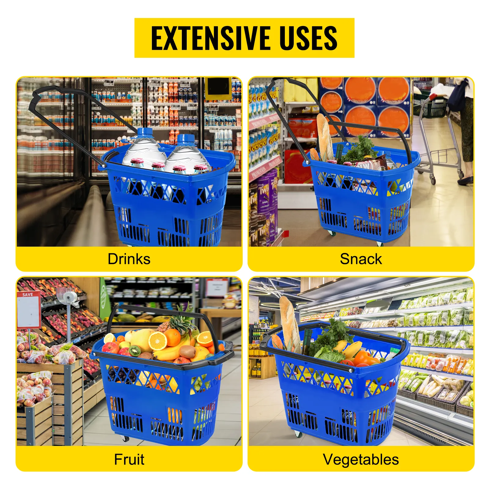 VEVOR shopping carts filled with drinks, snacks, fruit, and vegetables in a grocery store.