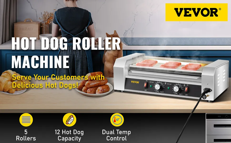 Rodillo para hot dogs VEVOR, 5 rodillos, capacidad para 12 hot dogs. ¡Sirva a sus clientes deliciosos hot dogs!