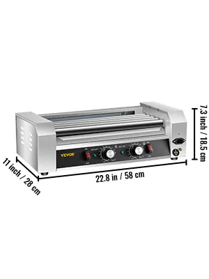 Rodillo para hot dogs VEVOR con marco de acero inoxidable y perillas de control; 22,8 pulgadas de ancho, 11 pulgadas de profundidad, 7,3 pulgadas de alto.
