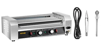 Rodillo para hot dogs VEVOR con rodillos de acero inoxidable, cable de alimentación y pinzas sobre fondo blanco.