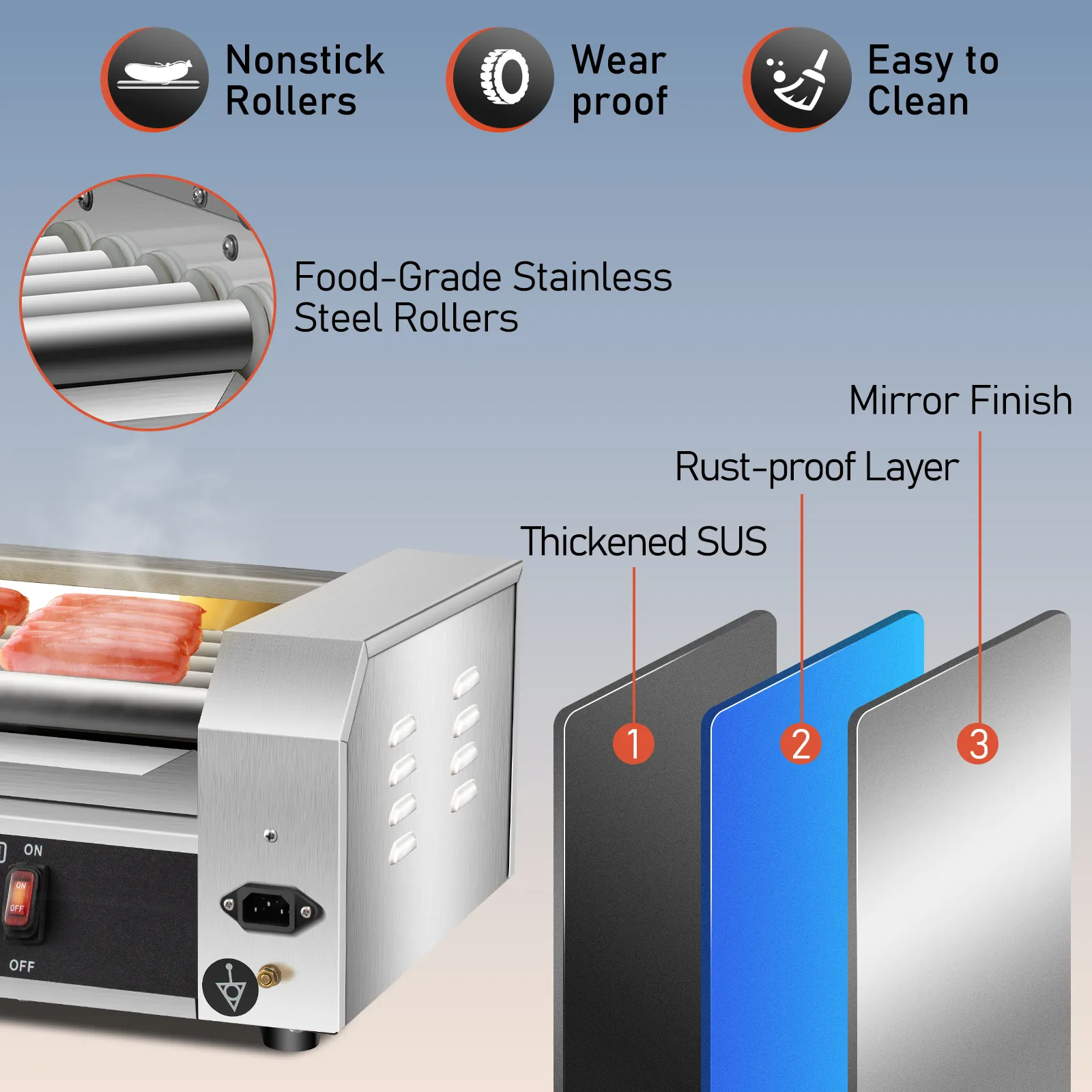 Rodillo para hot dogs VEVOR con rodillos de acero inoxidable antiadherentes, resistentes al desgaste y de grado alimenticio y capas a prueba de óxido.