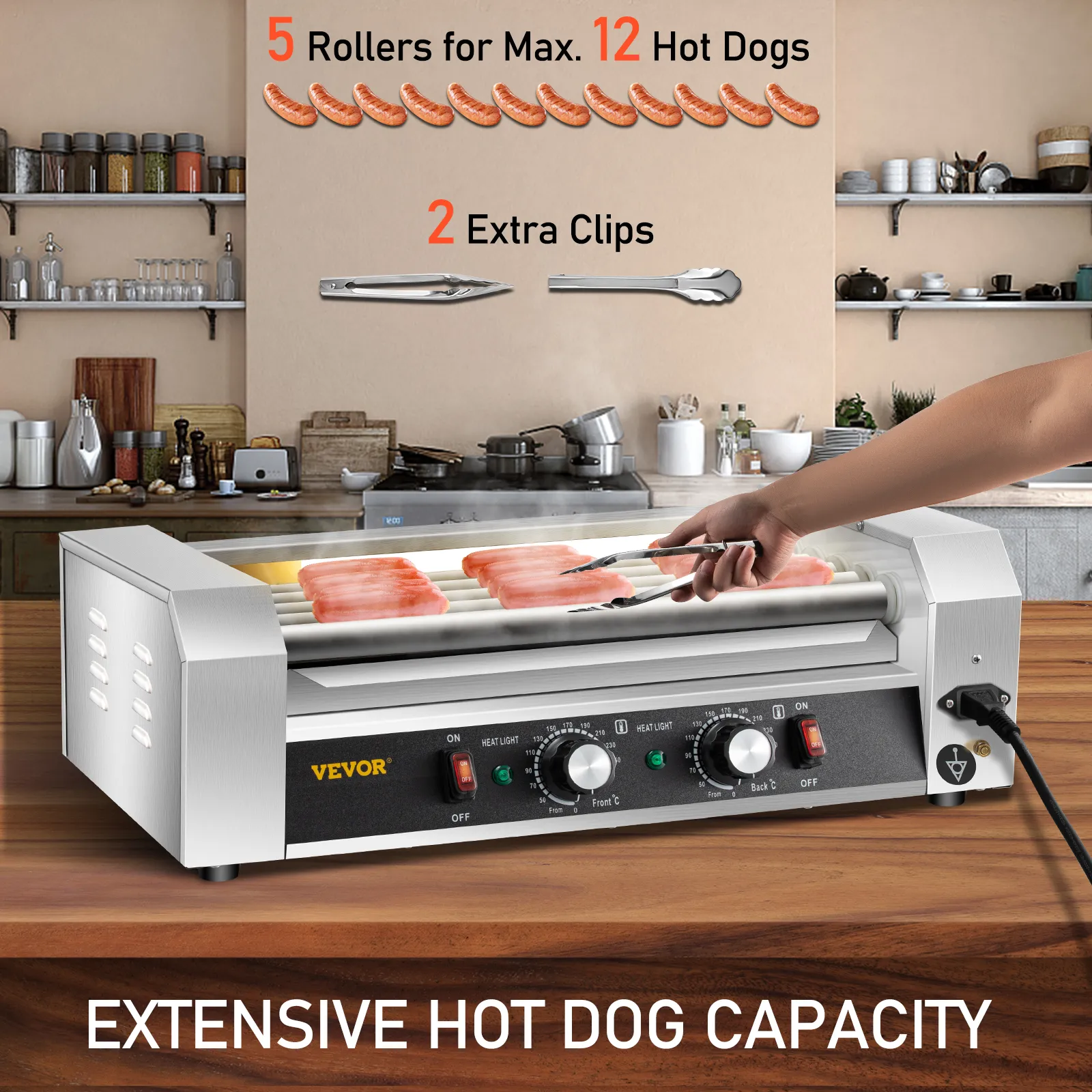 Rodillo para hot dogs VEVOR con 5 rodillos y 2 clips adicionales, para cocinar salchichas en una cocina.