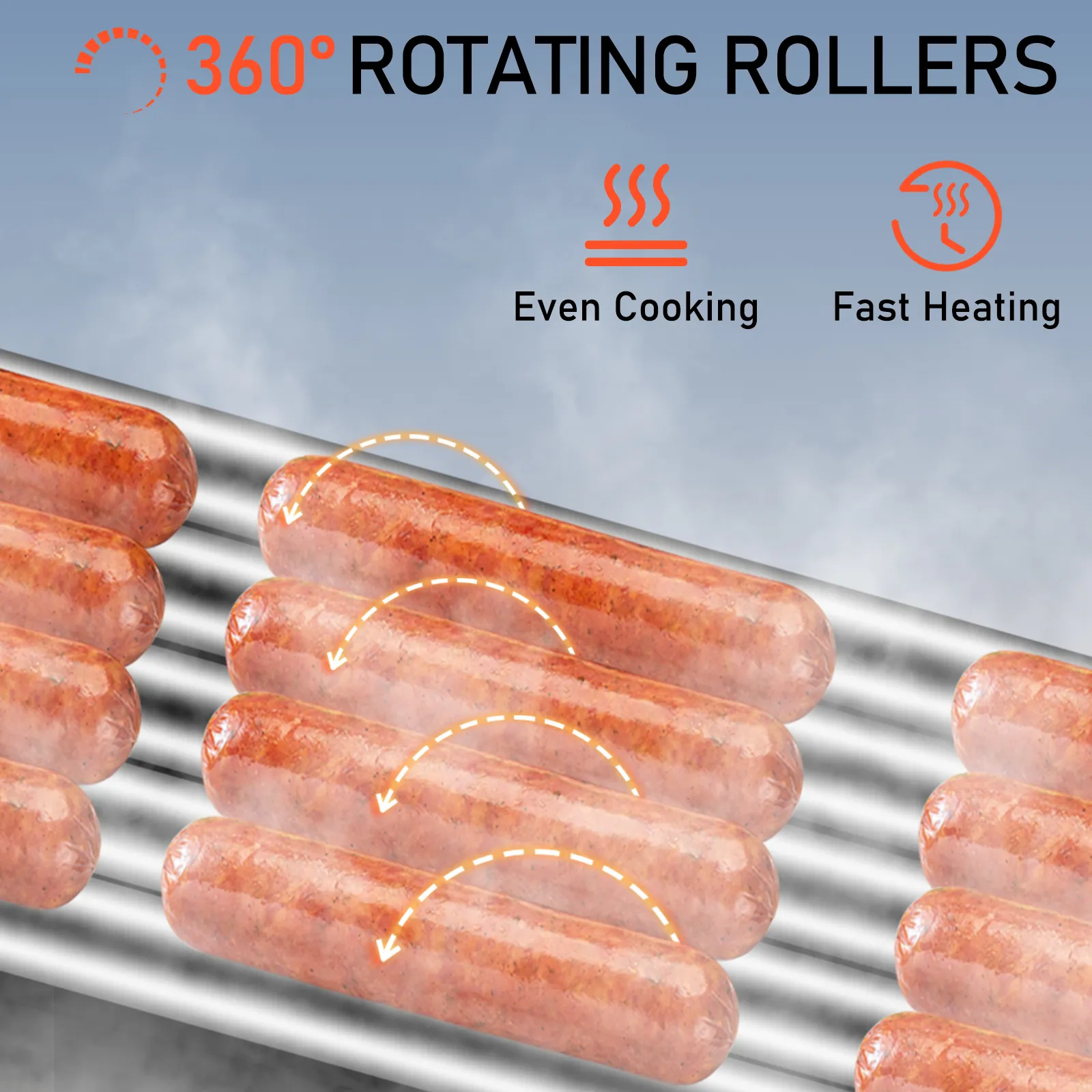Rodillo para hot dogs VEVOR con rodillos giratorios de 360°, cocción uniforme y funciones de calentamiento rápido.