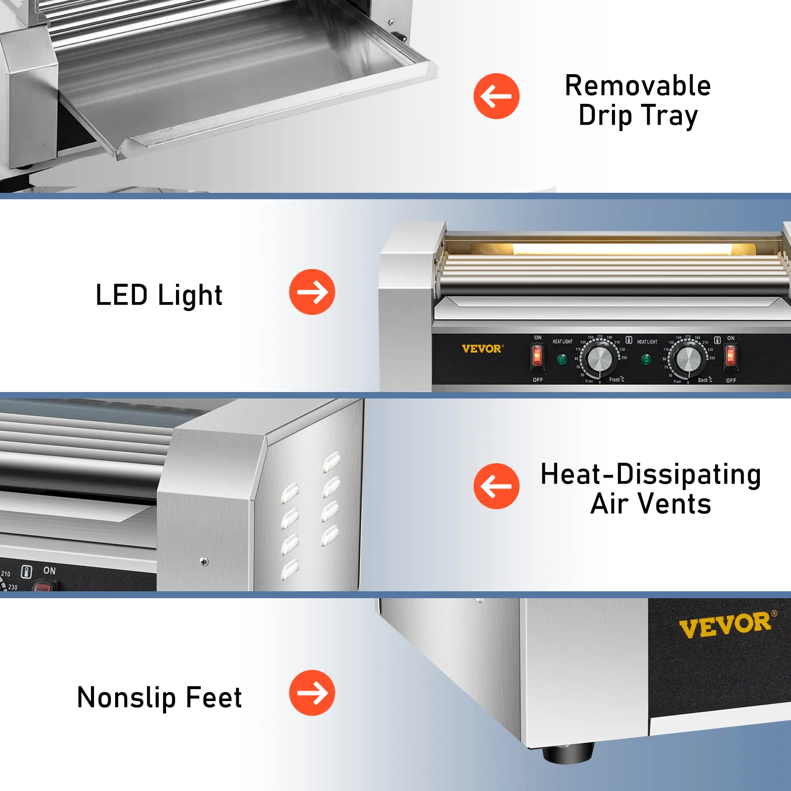 Rodillo para hot dogs VEVOR con patas antideslizantes, bandeja de goteo extraíble, luz LED y rejillas de ventilación que disipan el calor.