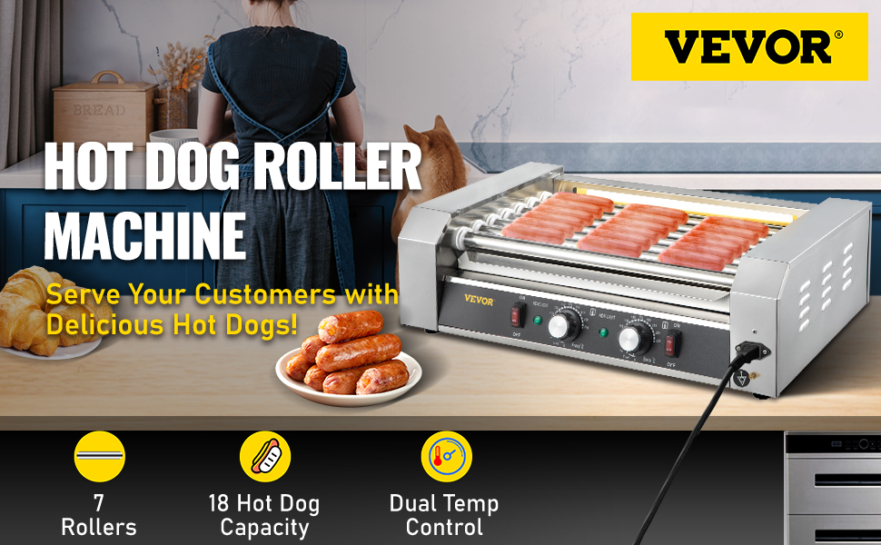 VEVOR Hot Dog Roller, 18 Hot Dog Capacity 7 Rollers, 1050W Stainless Steel Cook Warmer Machine w/ Cover ＆ Dual Temp Control, LED Light ＆ Detachable VEVOR Hot Dog Roller, 18 Hot Dog Capacity 7 Rollers, 1050W