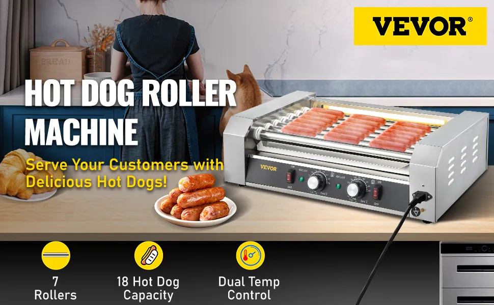 Máquina para hacer hot dogs VEVOR en una encimera de cocina con hot dogs, pan y una mujer en el fondo.