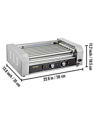 Rodillo para hot dogs VEVOR con 11,2 pulgadas de alto, 22,8 pulgadas de ancho y 13,8 pulgadas de profundidad para cocinar hot dogs.