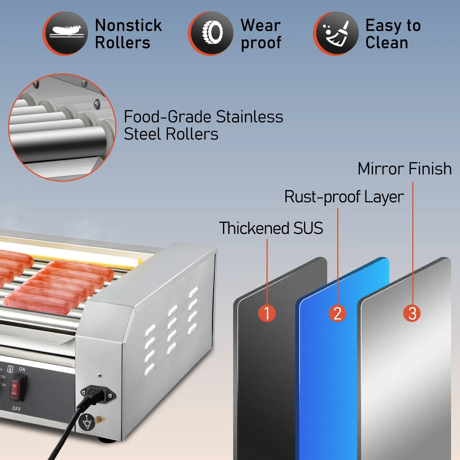 Rodillo para hot dogs VEVOR con rodillos de acero inoxidable de grado alimenticio antiadherentes, resistentes al desgaste y fáciles de limpiar.