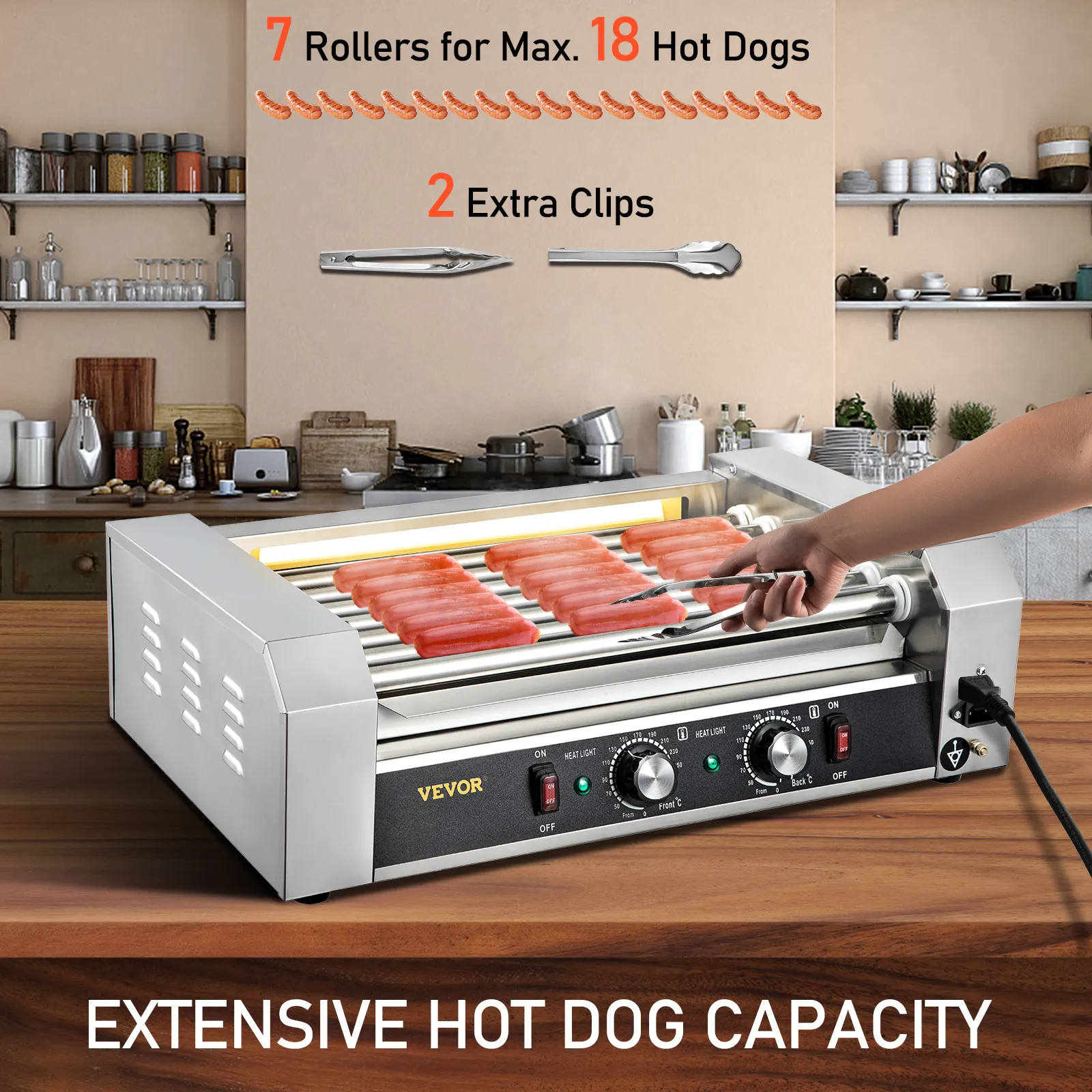 Rodillo para hot dogs VEVOR con 7 rodillos, capacidad para 18 hot dogs, 2 clips adicionales incluidos, amplia capacidad.