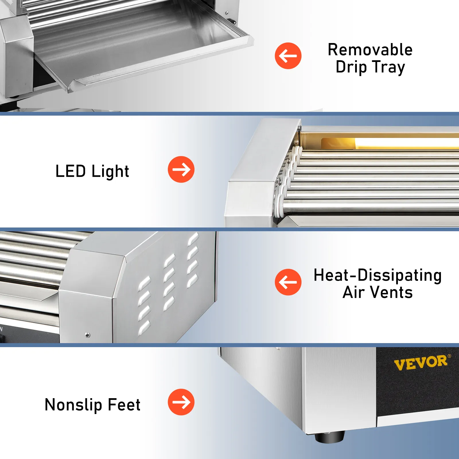 Rodillo para hot dogs VEVOR con bandeja de goteo extraíble, luz LED, rejillas de ventilación que disipan el calor y patas antideslizantes.