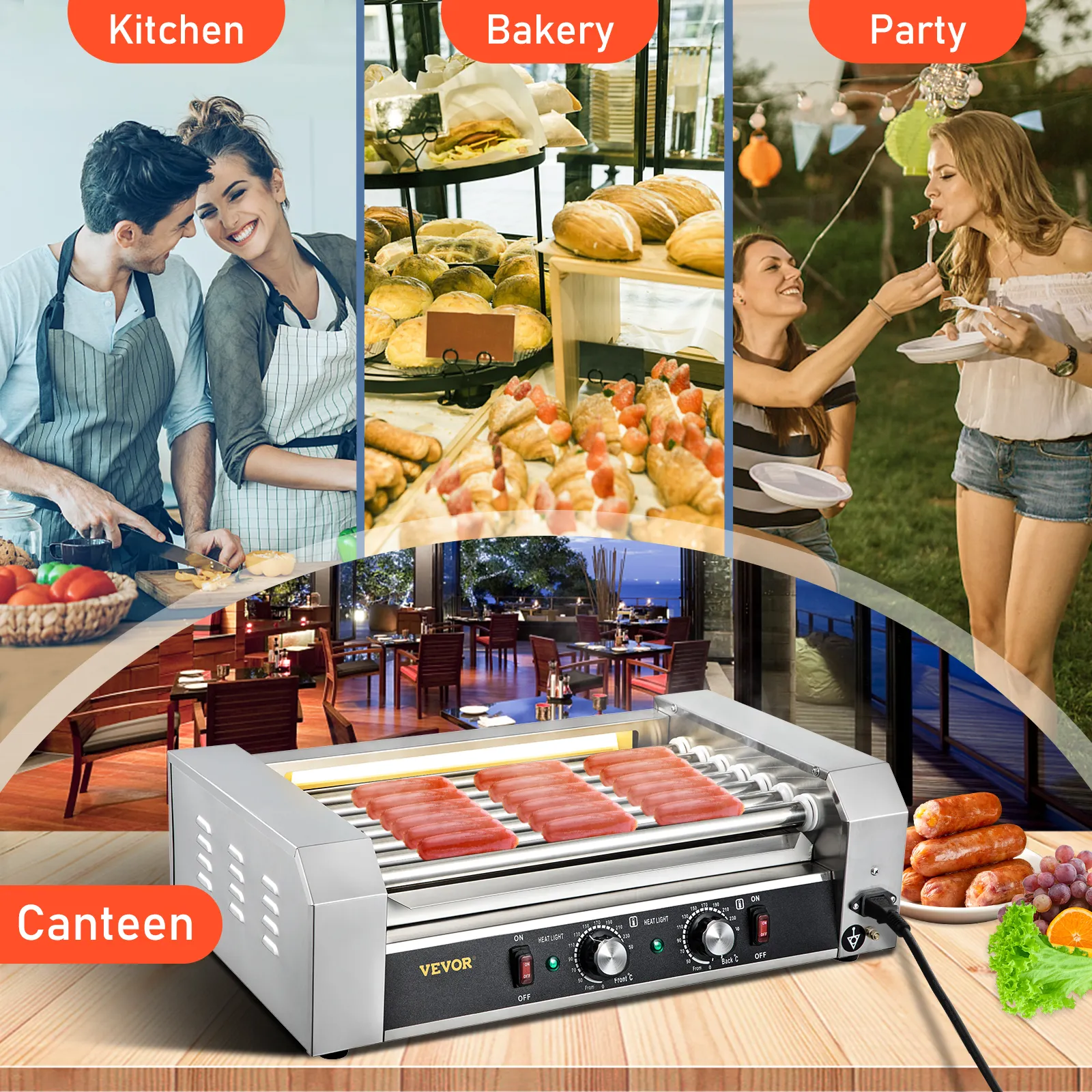 Rodillo para hot dogs VEVOR para cocina, panadería, fiesta y cantina con comida fresca y un comedor pintoresco.