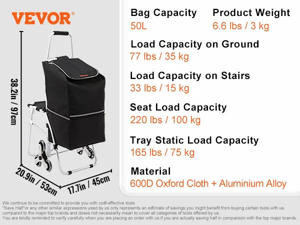 VEVOR stair climbing cart specs: bag 50l, weight 6.6lbs, wheels 3.5in, seat 220lbs, material 600d cloth.