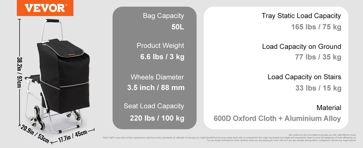 VEVOR stair climbing cart specs: bag 50l, weight 6.6lbs, wheels 3.5in, seat 220lbs, material 600d cloth.