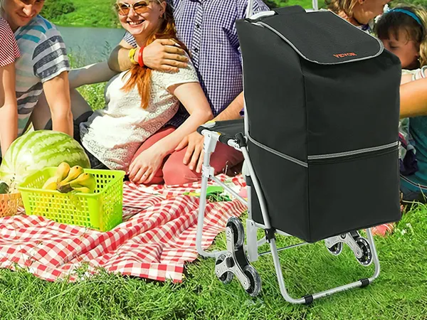 picnic by the lake with picnic supplies, VEVOR stair climbing cart, and fruits on checked blanket.