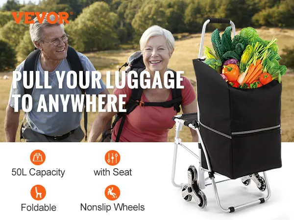 VEVOR stair climbing cart with a 50l capacity, foldable design, and nonslip wheels.