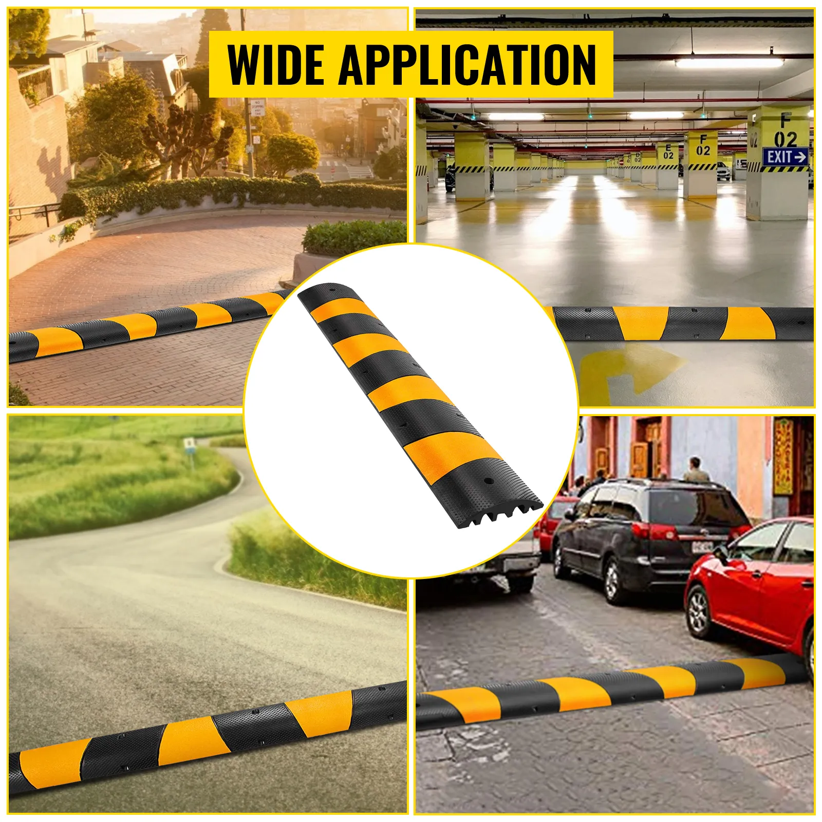 VEVOR cable protector ramp in various settings: parking garage, curved road, residential area.