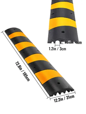 VEVOR speed bump with yellow stripes, measures 185cm x 31cm x 4cm.