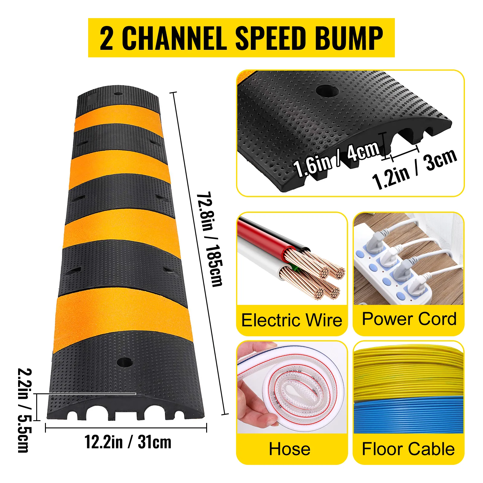 VEVOR speed bump with dimensions, electric wire, power cord, hose, and floor cable usage.
