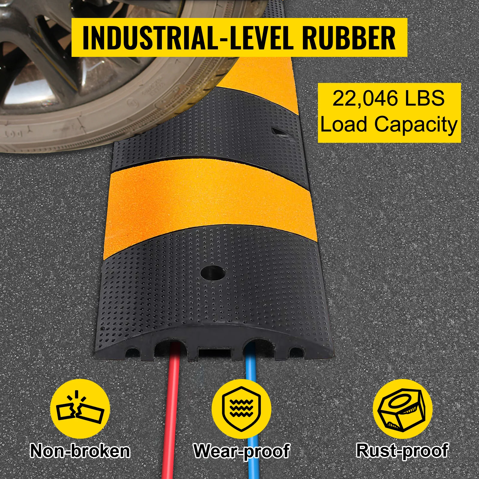 VEVOR speed bump with 22,046 lbs load capacity, non-broken, wear-proof, and rust-proof.