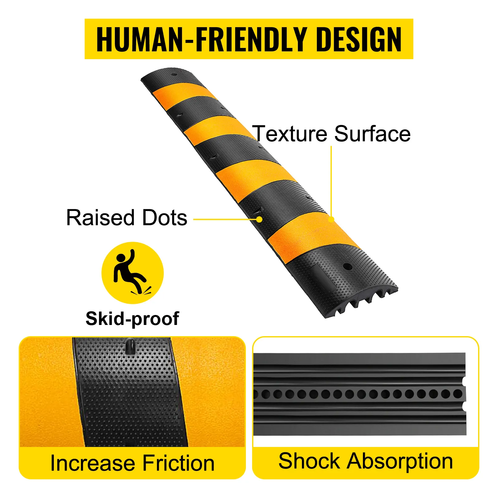 VEVOR speed bump features textured surface, raised dots for skid-proof, and shock absorption.