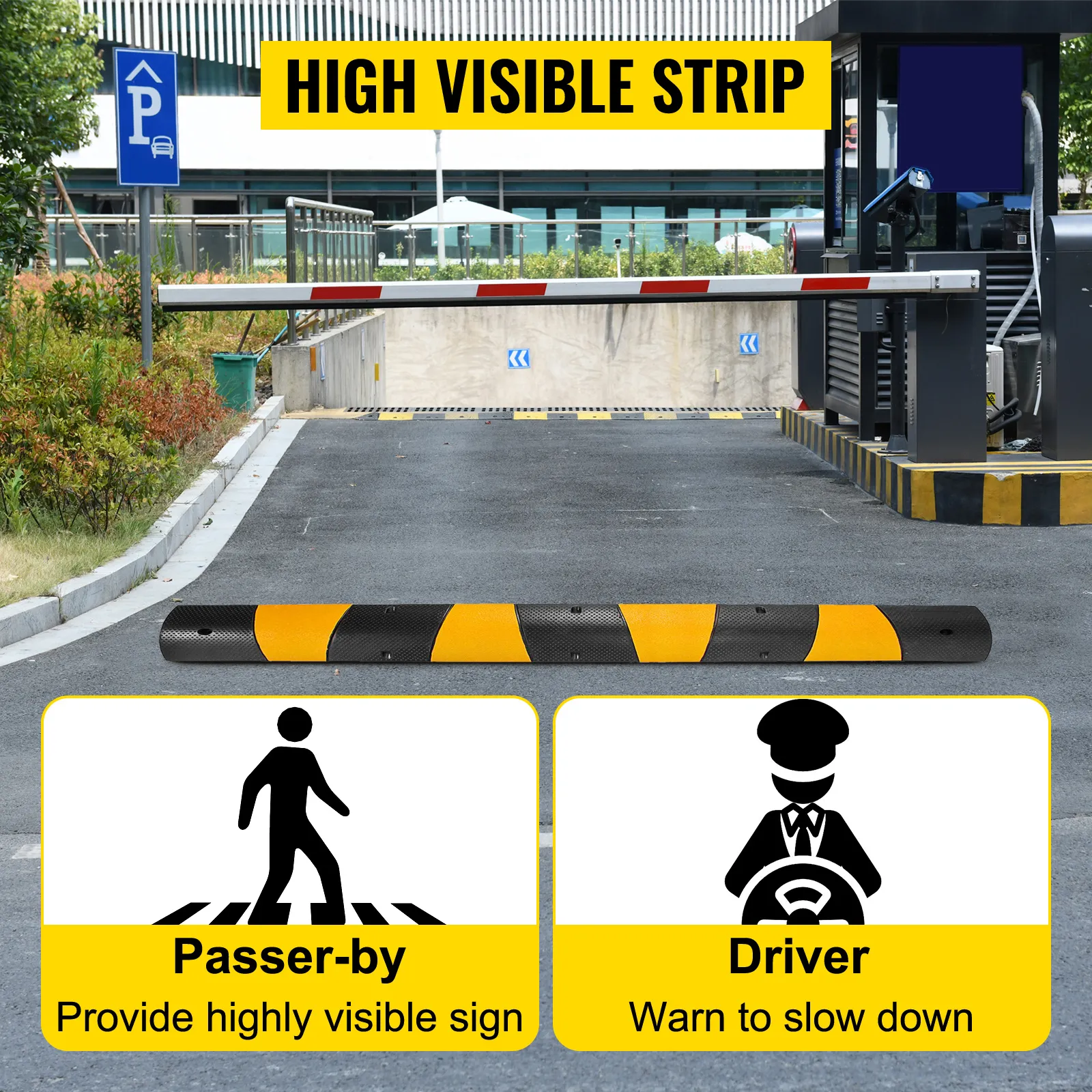 VEVOR speed bump in a parking lot entry with high visible strip warning signs.