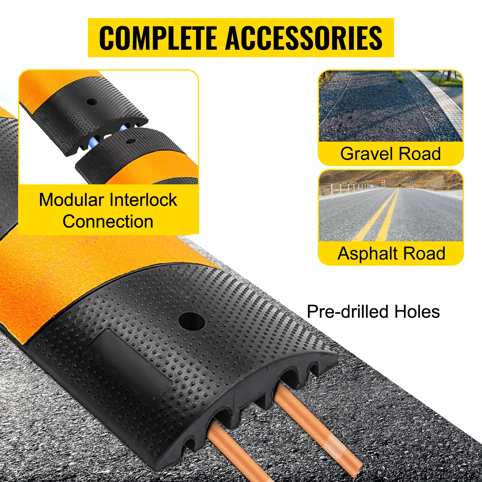 VEVOR speed bump with modular interlock connection and pre-drilled holes for gravel and asphalt.