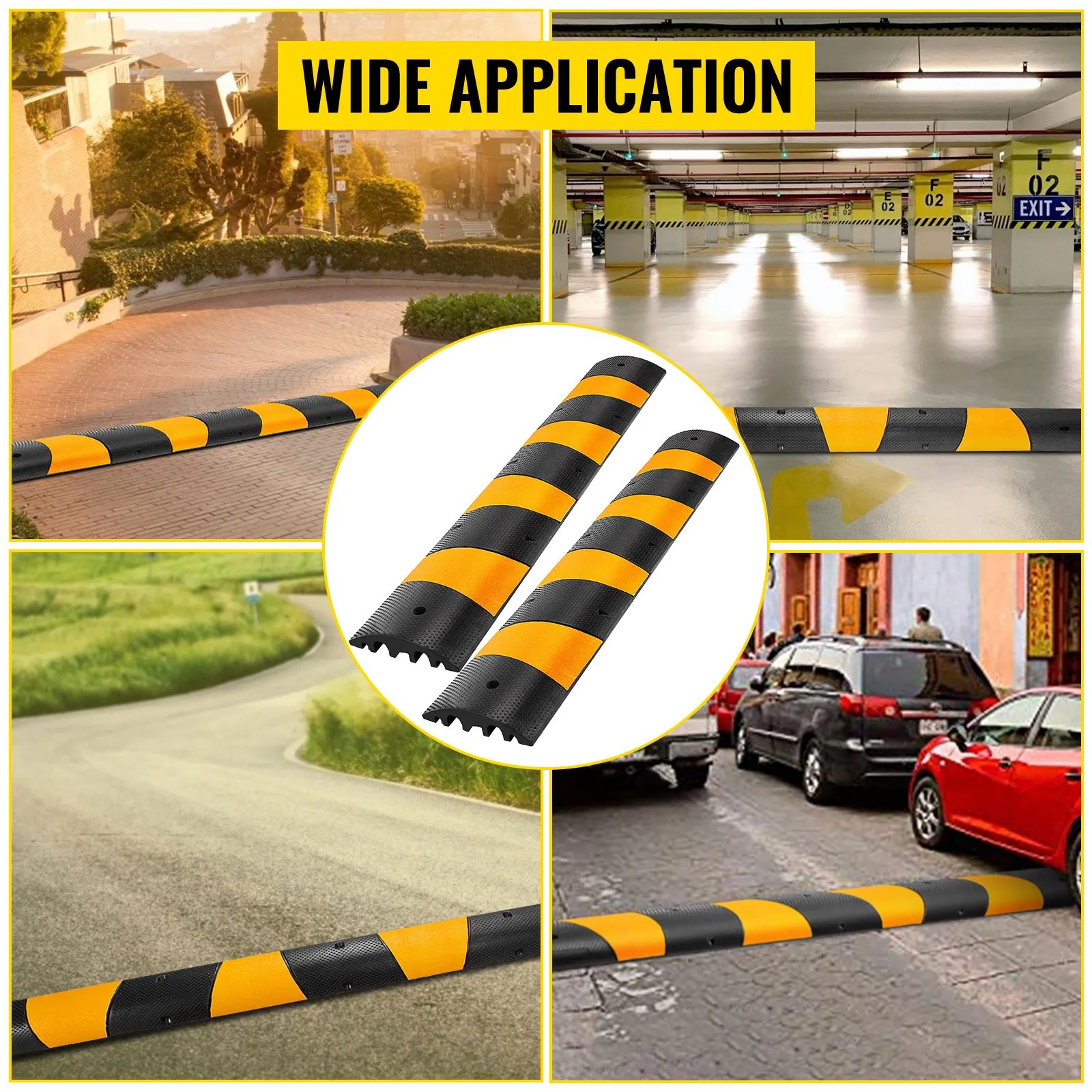 VEVOR speed bump in various settings: parking garage, residential street, and curved road.
