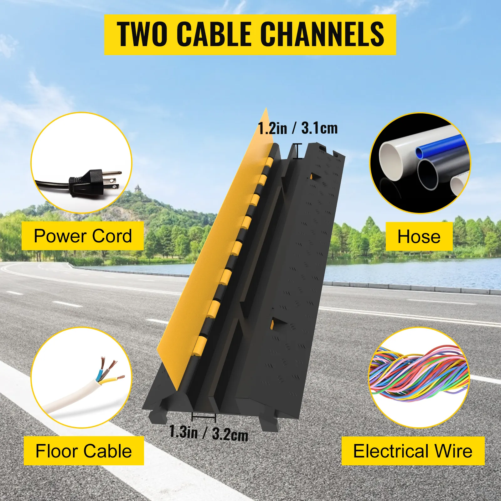 VEVOR cable protector with two channels for power cord, hose, floor cable, and electrical wire.