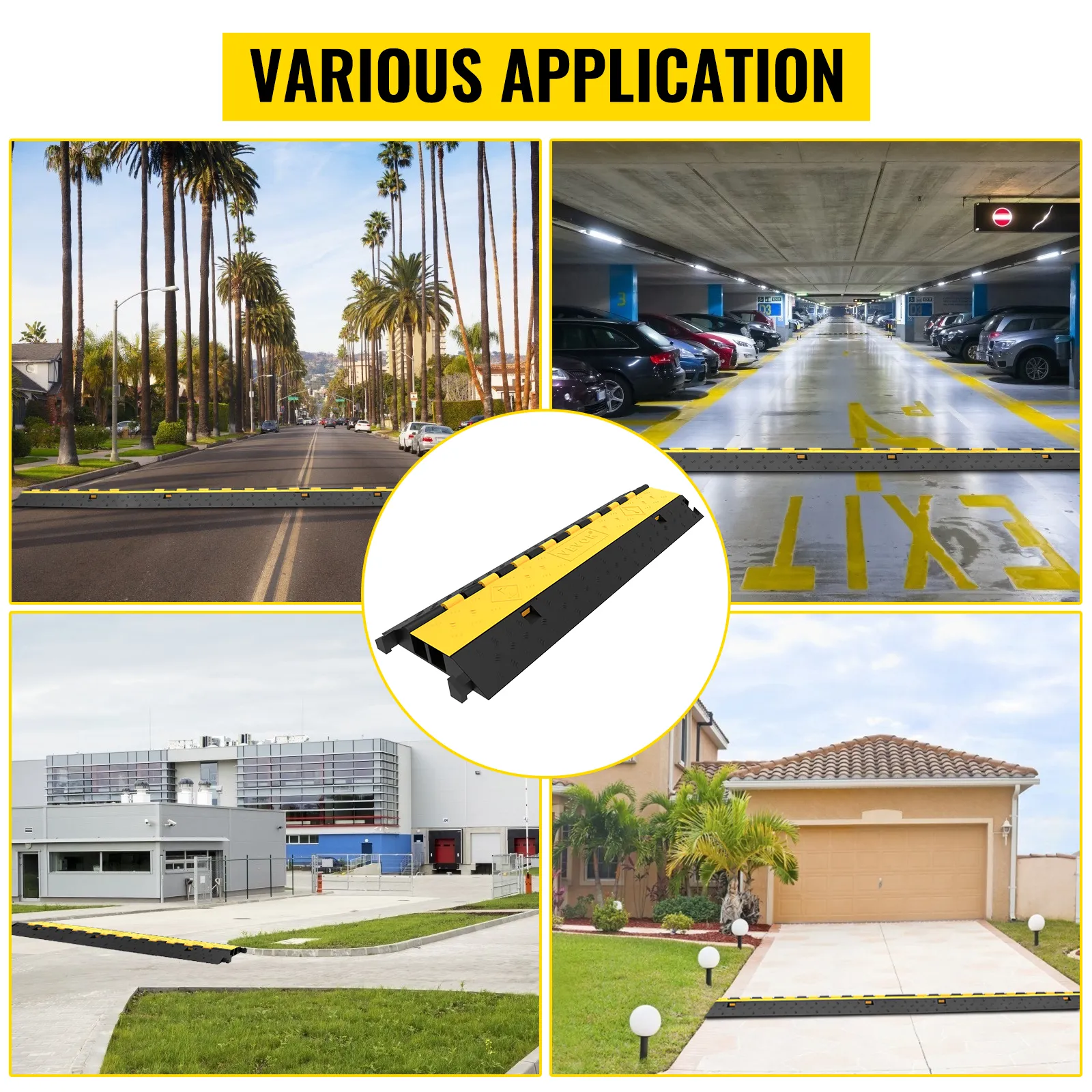 VEVOR cable protector showcased in various settings: street, parking garage, and driveway.