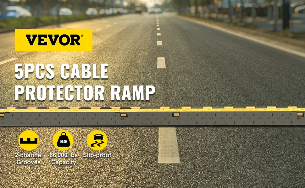 Rampa protectora de cables VEVOR en carretera con ranuras de 2 canales y diseño antideslizante.